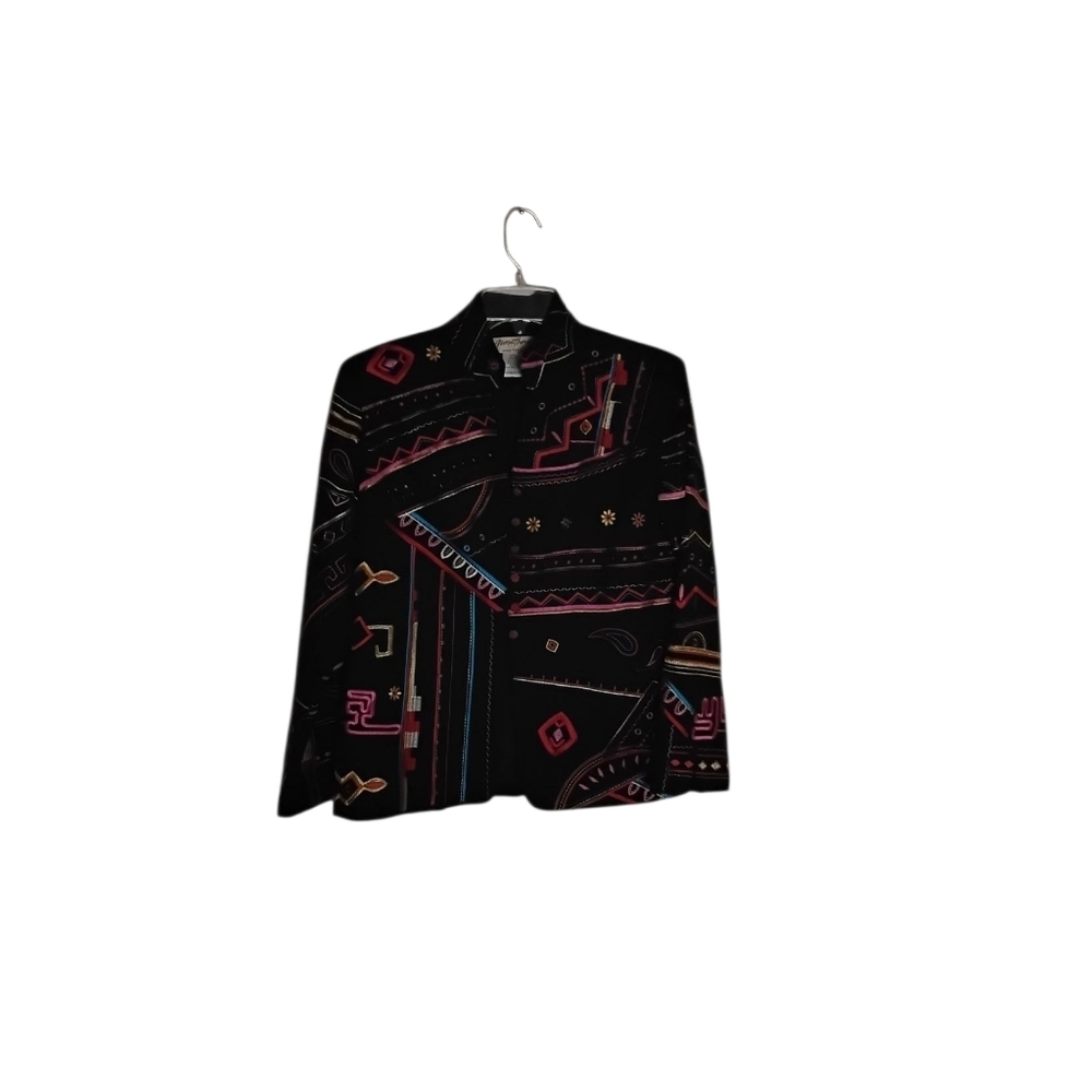 Norm Thompson Women's S Colorful Embroidered Button Black Silk Blend Jacket